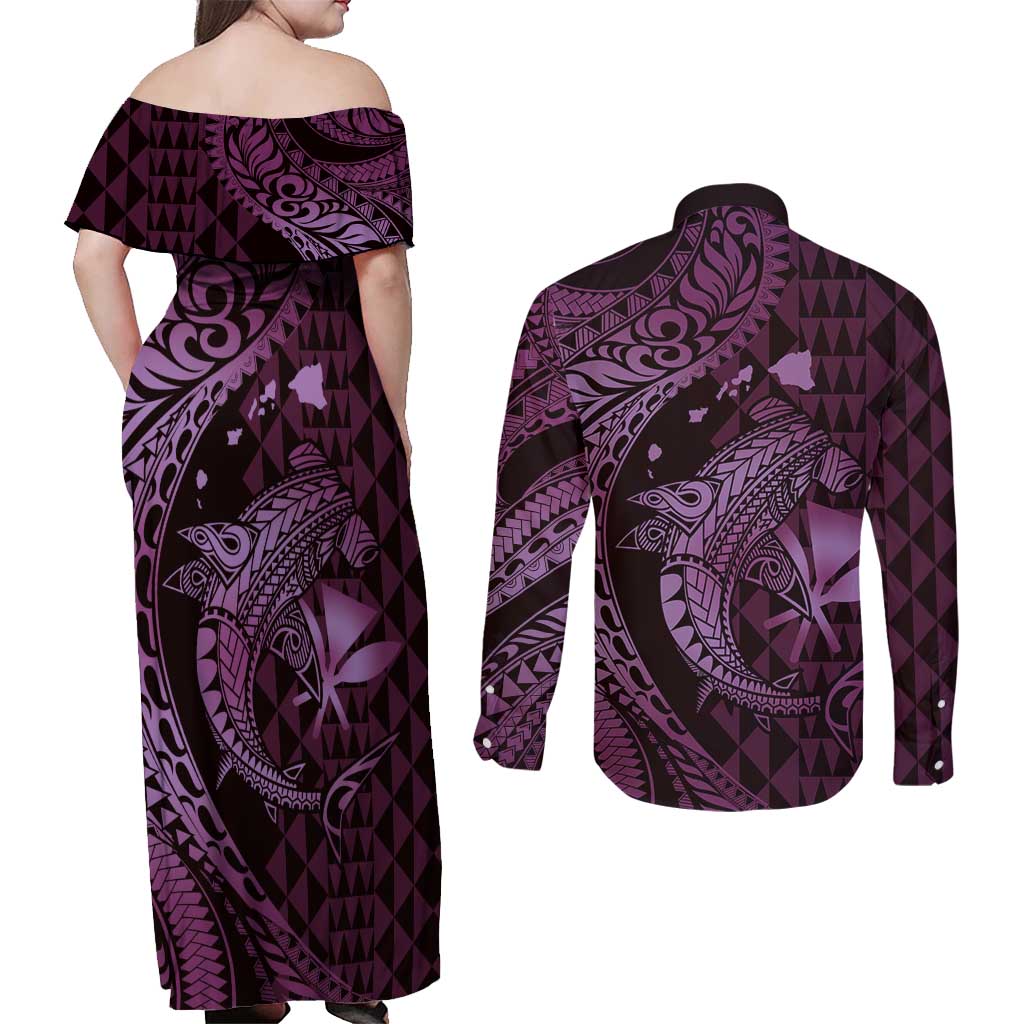 Aloha Hawaii Hammerhead Shark Couples Matching Off Shoulder Maxi Dress and Long Sleeve Button Shirt Purple Kakau and Polynesian Tattoo LT03 - Polynesian Pride