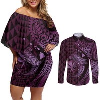 Aloha Hawaii Hammerhead Shark Couples Matching Off Shoulder Short Dress and Long Sleeve Button Shirt Purple Kakau and Polynesian Tattoo LT03 Purple - Polynesian Pride