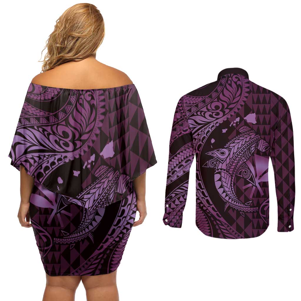 Aloha Hawaii Hammerhead Shark Couples Matching Off Shoulder Short Dress and Long Sleeve Button Shirt Purple Kakau and Polynesian Tattoo LT03 - Polynesian Pride