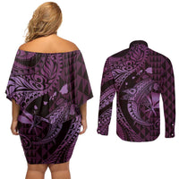 Aloha Hawaii Hammerhead Shark Couples Matching Off Shoulder Short Dress and Long Sleeve Button Shirt Purple Kakau and Polynesian Tattoo LT03 - Polynesian Pride