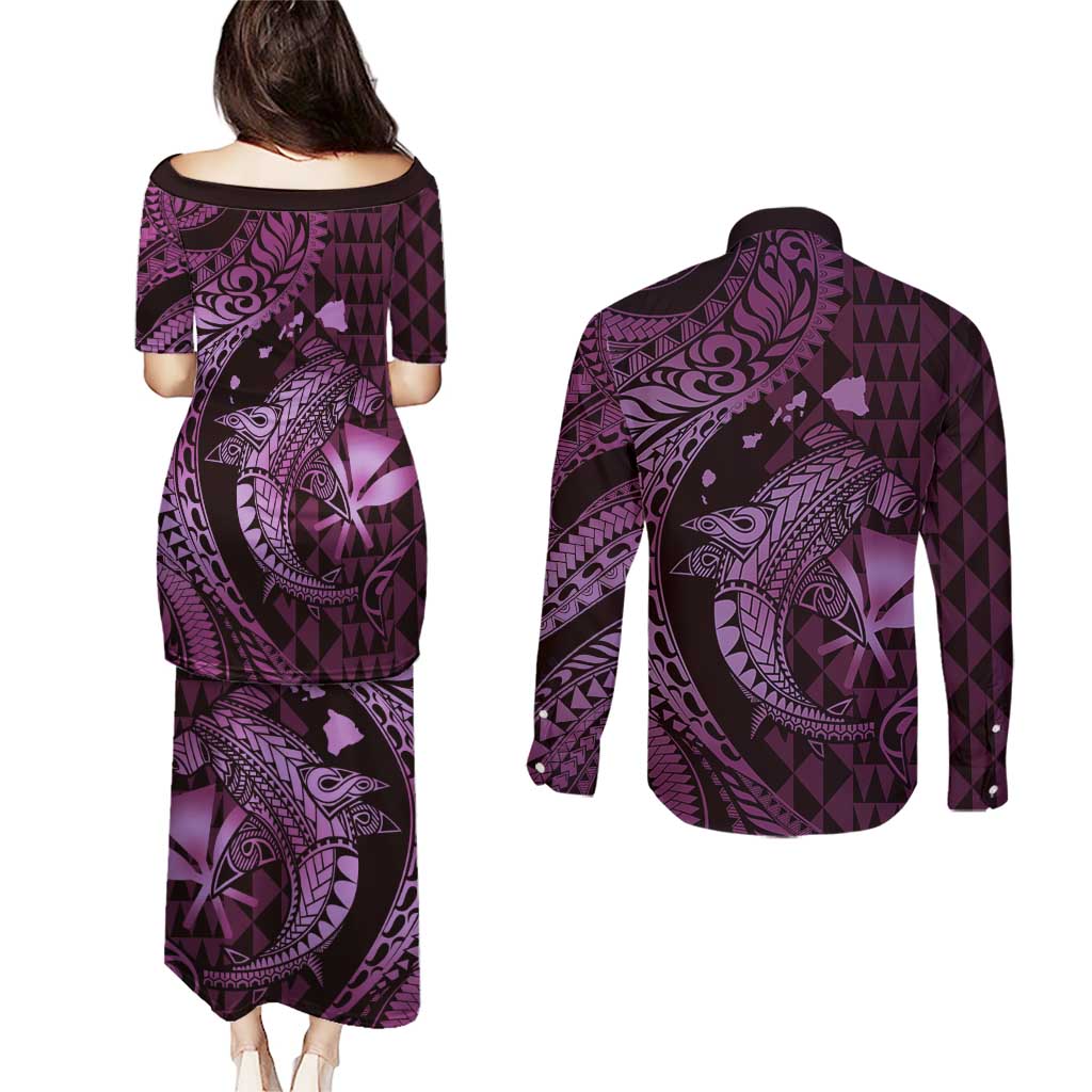 Aloha Hawaii Hammerhead Shark Couples Matching Puletasi and Long Sleeve Button Shirt Purple Kakau and Polynesian Tattoo LT03 - Polynesian Pride