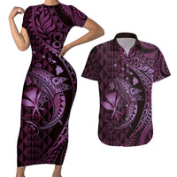 Aloha Hawaii Hammerhead Shark Couples Matching Short Sleeve Bodycon Dress and Hawaiian Shirt Purple Kakau and Polynesian Tattoo LT03 Purple - Polynesian Pride