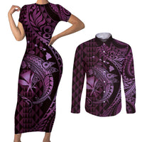 Aloha Hawaii Hammerhead Shark Couples Matching Short Sleeve Bodycon Dress and Long Sleeve Button Shirt Purple Kakau and Polynesian Tattoo LT03 Purple - Polynesian Pride