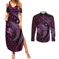 Aloha Hawaii Hammerhead Shark Couples Matching Summer Maxi Dress and Long Sleeve Button Shirt Purple Kakau and Polynesian Tattoo LT03 Purple - Polynesian Pride