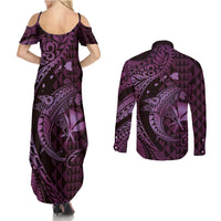 Aloha Hawaii Hammerhead Shark Couples Matching Summer Maxi Dress and Long Sleeve Button Shirt Purple Kakau and Polynesian Tattoo LT03 - Polynesian Pride
