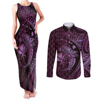 Aloha Hawaii Hammerhead Shark Couples Matching Tank Maxi Dress and Long Sleeve Button Shirt Purple Kakau and Polynesian Tattoo LT03 Purple - Polynesian Pride