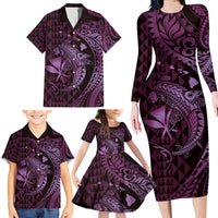 Aloha Hawaii Hammerhead Shark Family Matching Long Sleeve Bodycon Dress and Hawaiian Shirt Purple Kakau and Polynesian Tattoo LT03 - Polynesian Pride