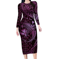 Aloha Hawaii Hammerhead Shark Family Matching Long Sleeve Bodycon Dress and Hawaiian Shirt Purple Kakau and Polynesian Tattoo LT03 Mom's Dress Purple - Polynesian Pride