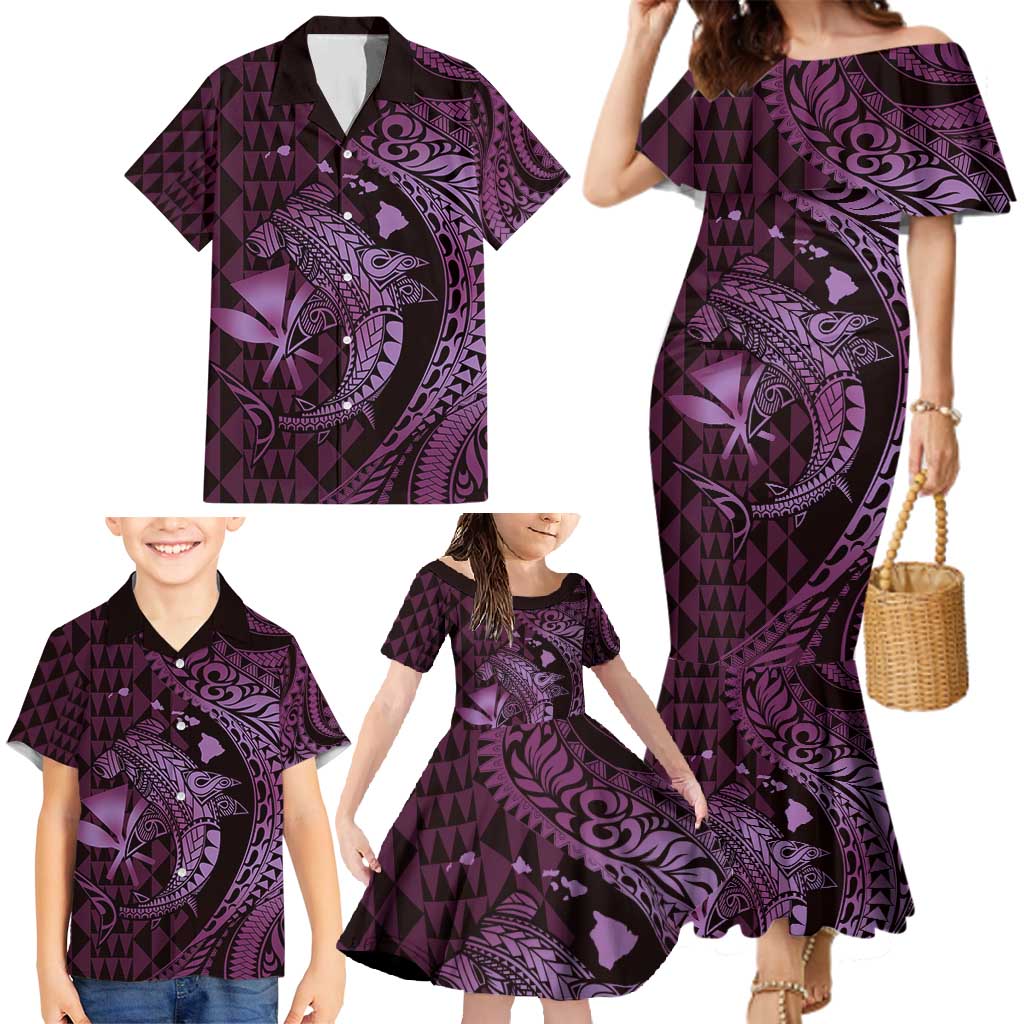 Aloha Hawaii Hammerhead Shark Family Matching Mermaid Dress and Hawaiian Shirt Purple Kakau and Polynesian Tattoo LT03 - Polynesian Pride