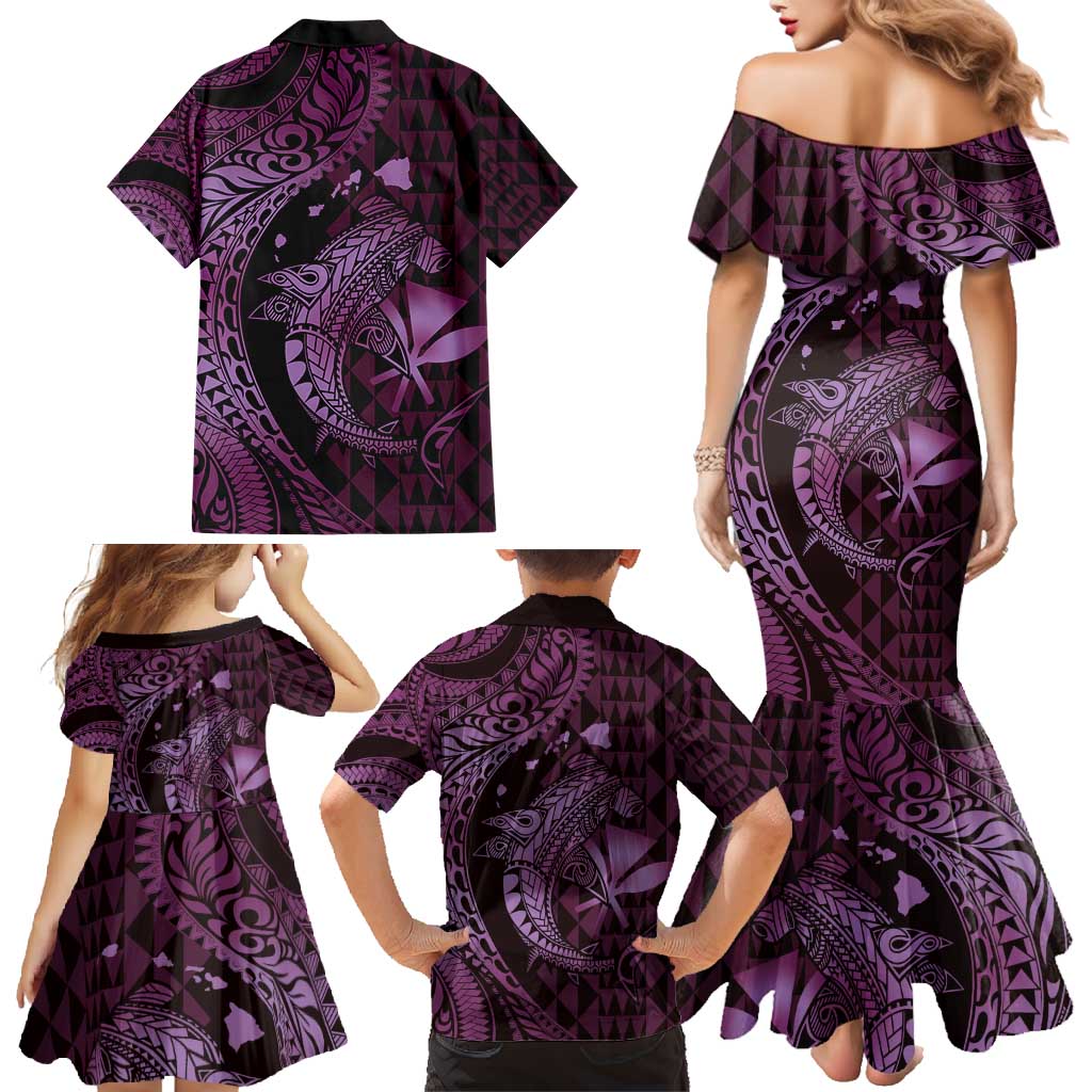Aloha Hawaii Hammerhead Shark Family Matching Mermaid Dress and Hawaiian Shirt Purple Kakau and Polynesian Tattoo LT03 - Polynesian Pride