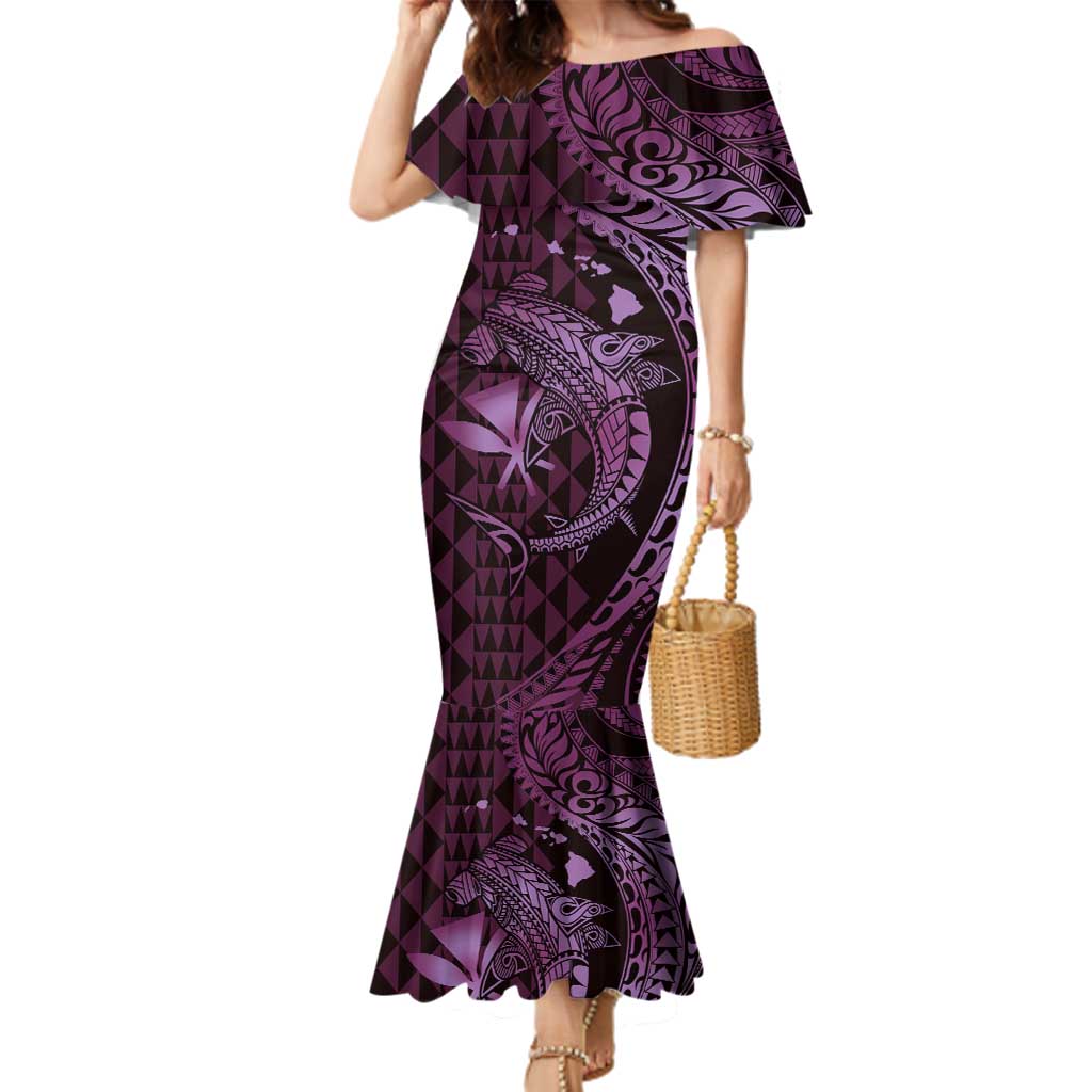 Aloha Hawaii Hammerhead Shark Family Matching Mermaid Dress and Hawaiian Shirt Purple Kakau and Polynesian Tattoo LT03 Mom's Dress Purple - Polynesian Pride
