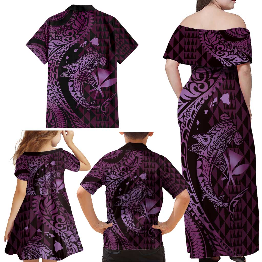 Aloha Hawaii Hammerhead Shark Family Matching Off Shoulder Maxi Dress and Hawaiian Shirt Purple Kakau and Polynesian Tattoo LT03 - Polynesian Pride
