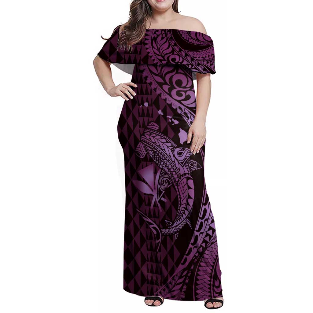 Aloha Hawaii Hammerhead Shark Family Matching Off Shoulder Maxi Dress and Hawaiian Shirt Purple Kakau and Polynesian Tattoo LT03 Mom's Dress Purple - Polynesian Pride