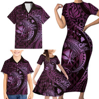 Aloha Hawaii Hammerhead Shark Family Matching Short Sleeve Bodycon Dress and Hawaiian Shirt Purple Kakau and Polynesian Tattoo LT03 - Polynesian Pride