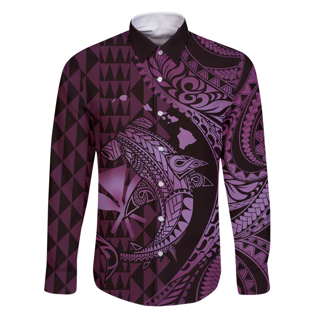 Aloha Hawaii Hammerhead Shark Family Matching Short Sleeve Bodycon Dress and Hawaiian Shirt Purple Kakau and Polynesian Tattoo LT03 Dad's Shirt - Long Sleeve Purple - Polynesian Pride
