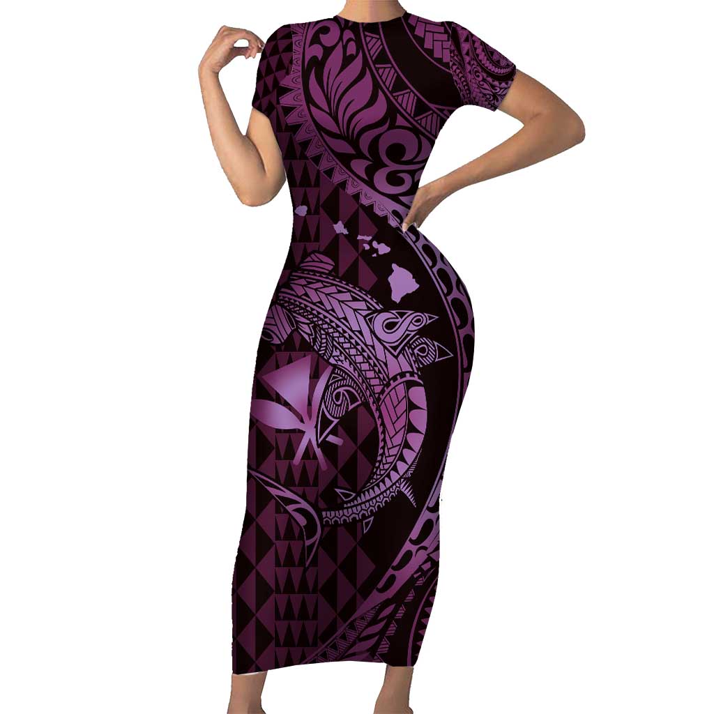 Aloha Hawaii Hammerhead Shark Family Matching Short Sleeve Bodycon Dress and Hawaiian Shirt Purple Kakau and Polynesian Tattoo LT03 Mom's Dress Purple - Polynesian Pride