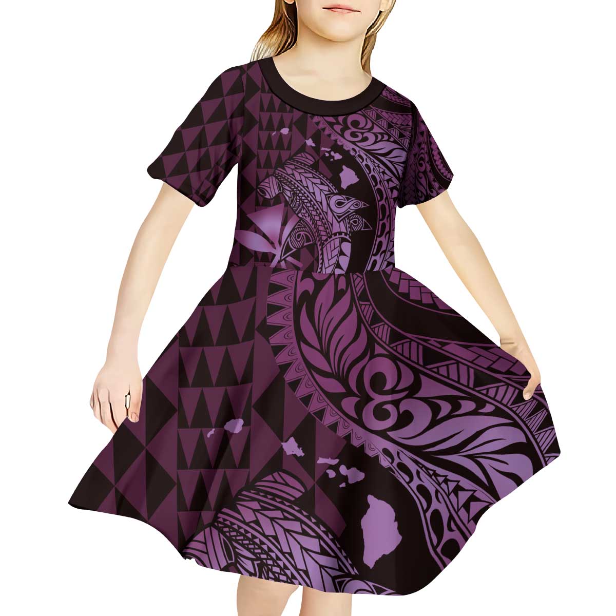 Aloha Hawaii Hammerhead Shark Kid Short Sleeve Dress Purple Kakau and Polynesian Tattoo LT03 - Polynesian Pride