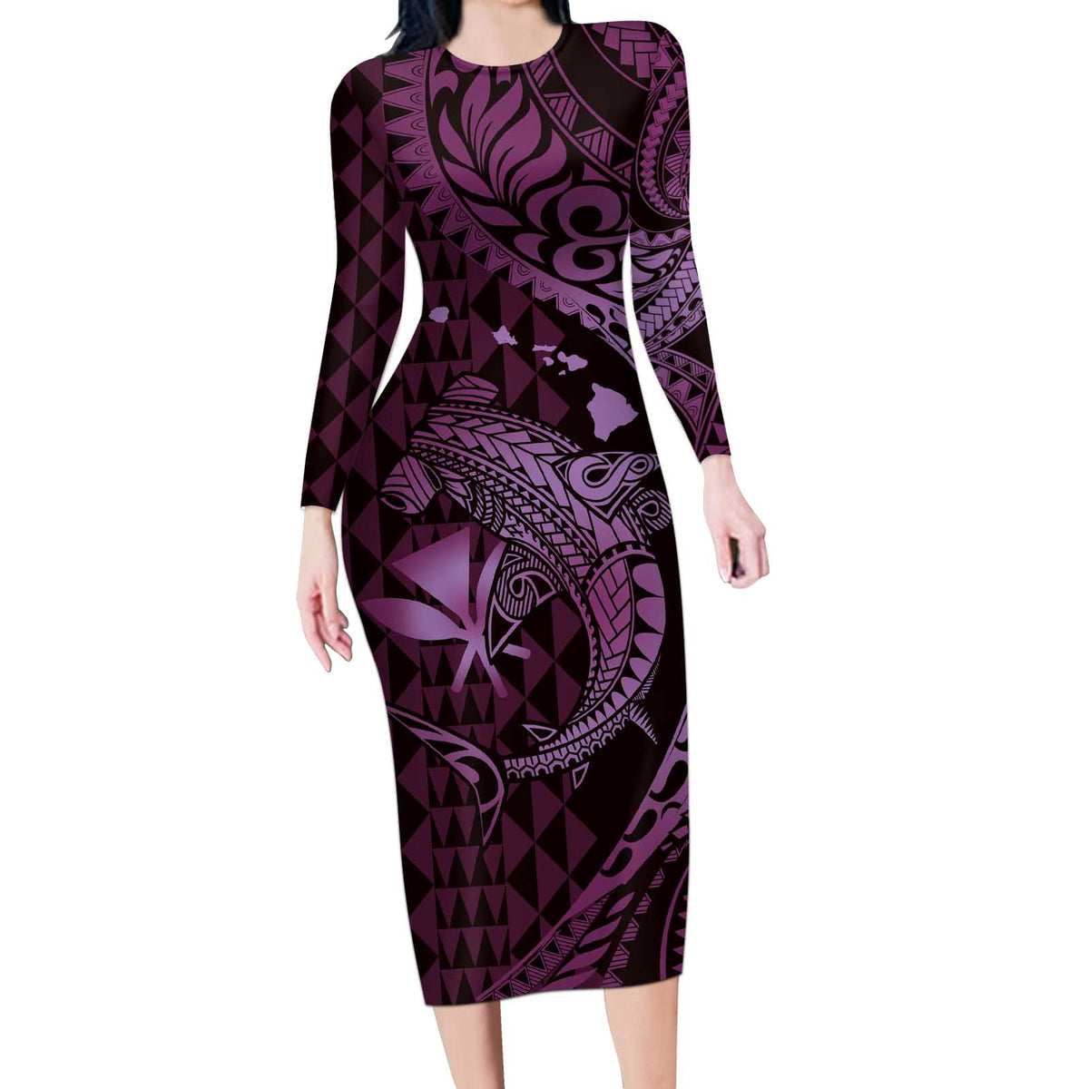 Aloha Hawaii Hammerhead Shark Long Sleeve Bodycon Dress Purple Kakau and Polynesian Tattoo LT03 Long Dress Purple - Polynesian Pride