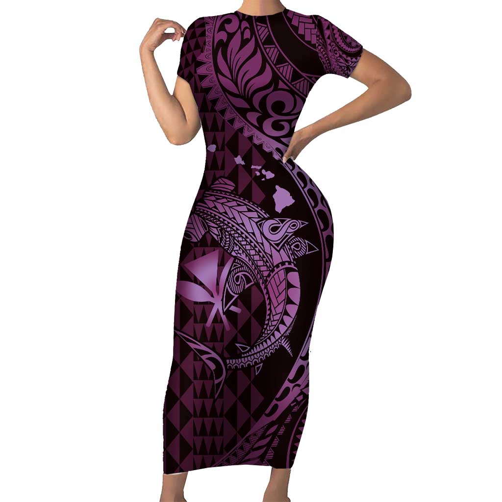 Aloha Hawaii Hammerhead Shark Short Sleeve Bodycon Dress Purple Kakau and Polynesian Tattoo LT03 Long Dress Purple - Polynesian Pride