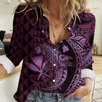 Aloha Hawaii Hammerhead Shark Women Casual Shirt Purple Kakau and Polynesian Tattoo LT03 Female Purple - Polynesian Pride
