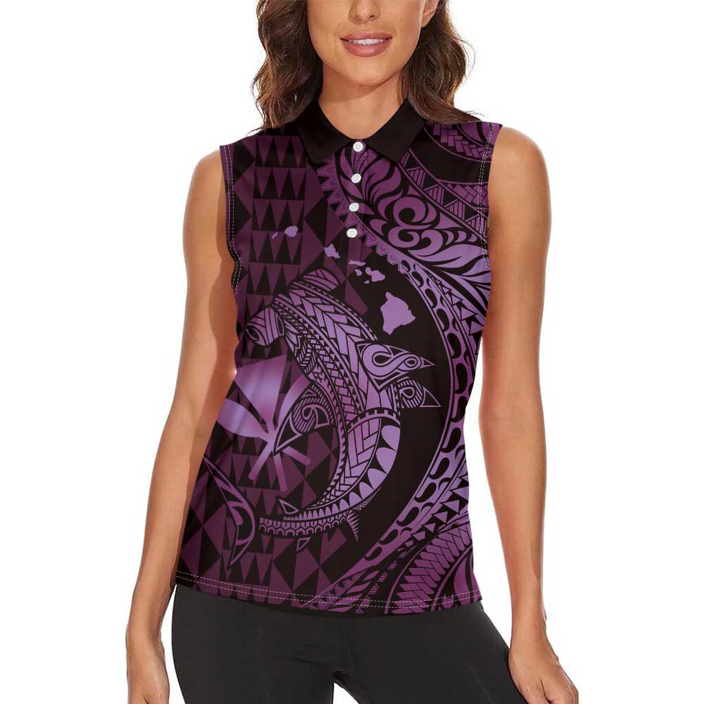 Aloha Hawaii Hammerhead Shark Women Sleeveless Polo Shirt Purple Kakau and Polynesian Tattoo LT03 - Polynesian Pride