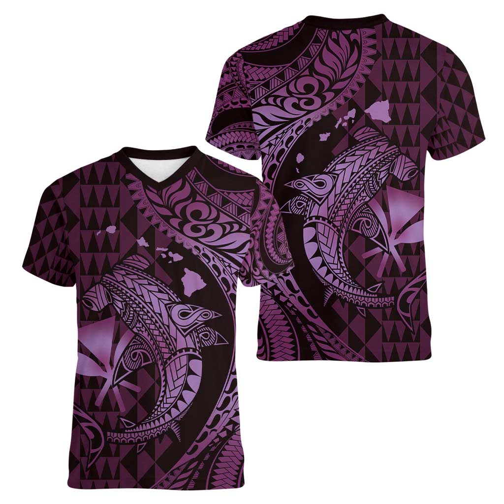 Aloha Hawaii Hammerhead Shark Women V-Neck T-Shirt Purple Kakau and Polynesian Tattoo LT03 - Polynesian Pride