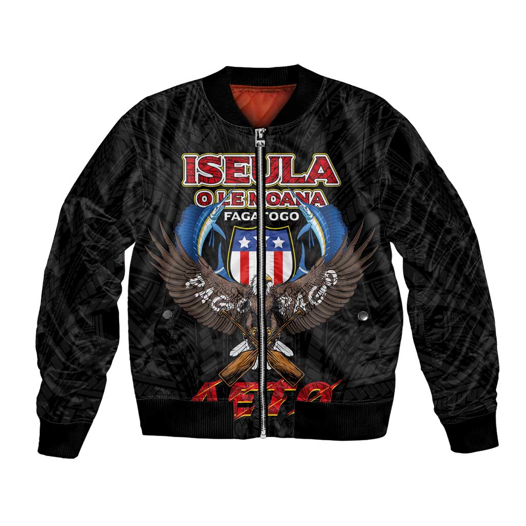 American Samoa Fautasi Bomber Jacket Pago Pago Aeto and Iseula o le Moana of Fagatogo Black Color LT03 Unisex Black - Polynesian Pride