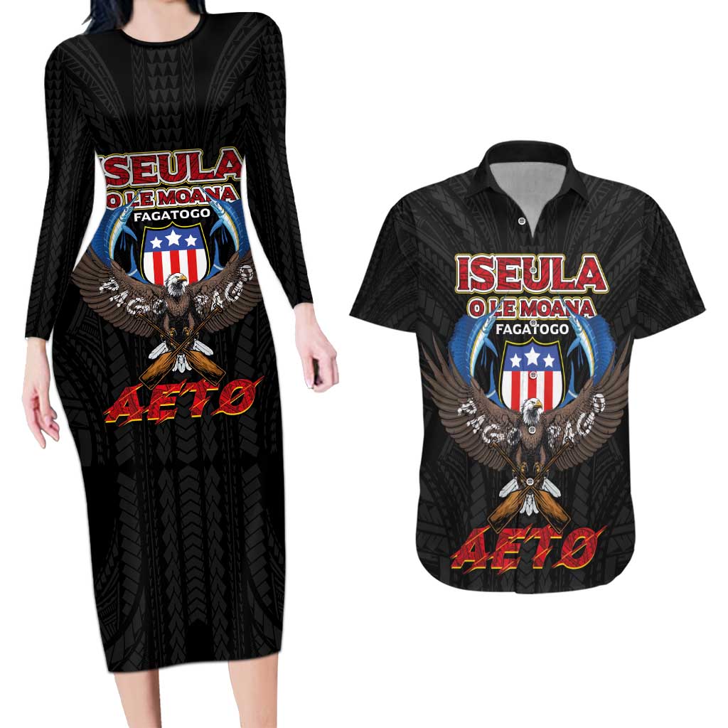 American Samoa Fautasi Couples Matching Long Sleeve Bodycon Dress and Hawaiian Shirt Pago Pago Aeto and Iseula o le Moana of Fagatogo Black Color LT03 Black - Polynesian Pride