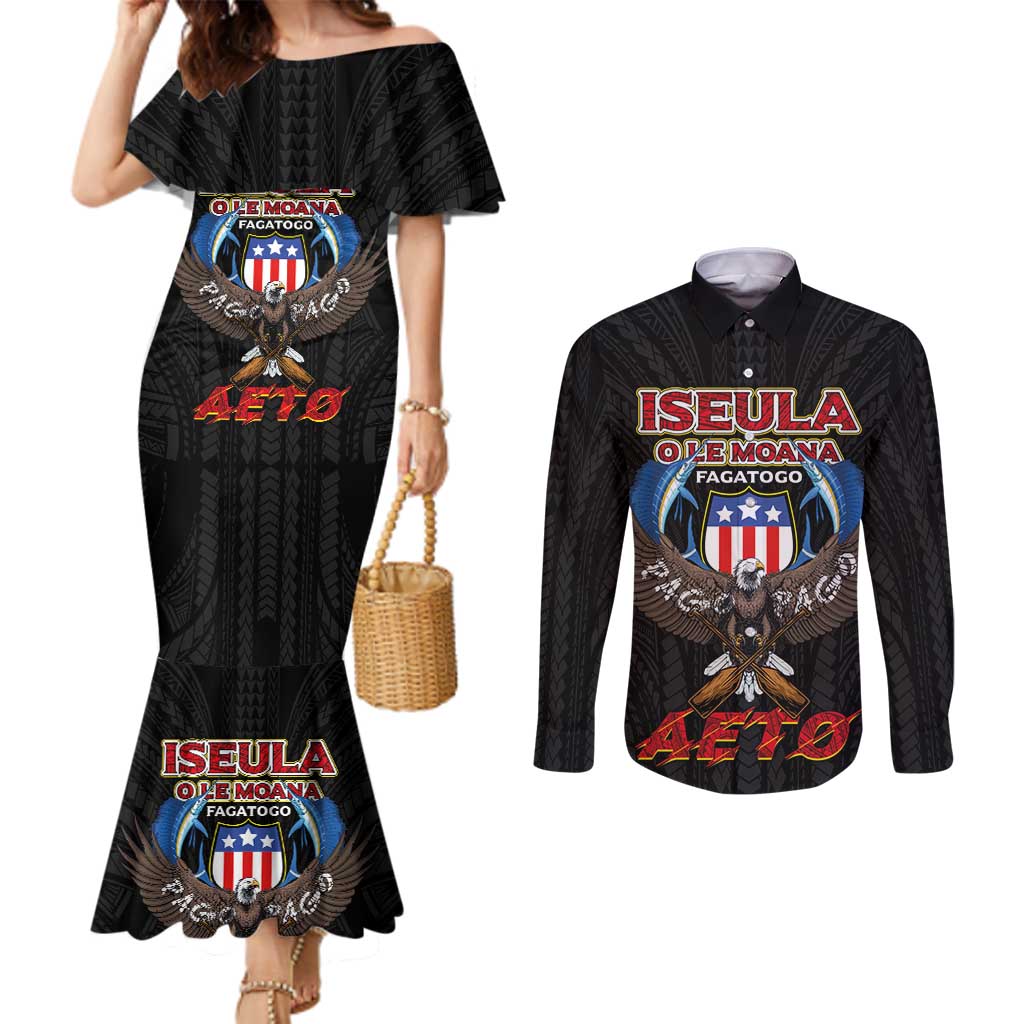 American Samoa Fautasi Couples Matching Mermaid Dress and Long Sleeve Button Shirt Pago Pago Aeto and Iseula o le Moana of Fagatogo Black Color LT03 Black - Polynesian Pride