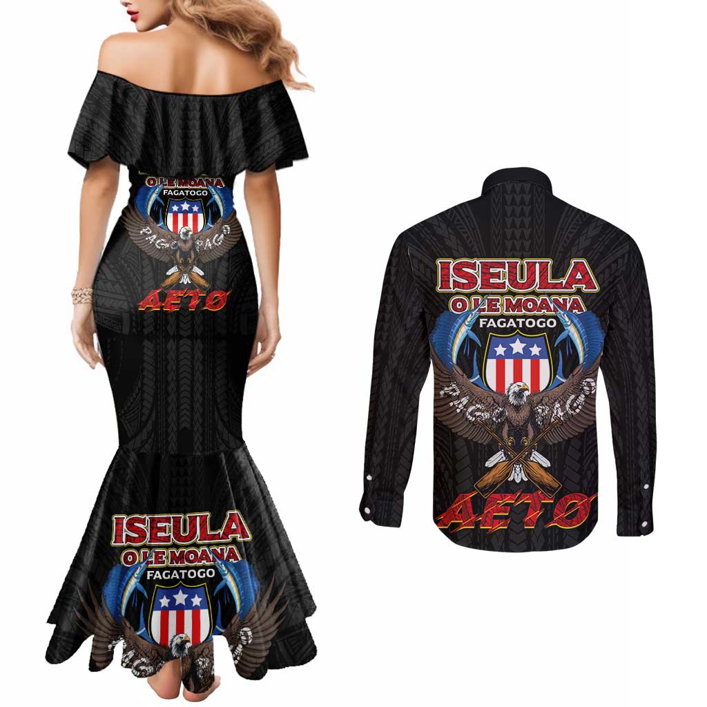 American Samoa Fautasi Couples Matching Mermaid Dress and Long Sleeve Button Shirt Pago Pago Aeto and Iseula o le Moana of Fagatogo Black Color LT03 - Polynesian Pride
