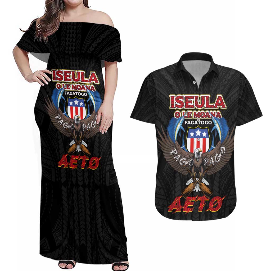 American Samoa Fautasi Couples Matching Off Shoulder Maxi Dress and Hawaiian Shirt Pago Pago Aeto and Iseula o le Moana of Fagatogo Black Color - Polynesian Pride