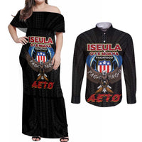 American Samoa Fautasi Couples Matching Off Shoulder Maxi Dress and Long Sleeve Button Shirt Pago Pago Aeto and Iseula o le Moana of Fagatogo Black Color LT03 Black - Polynesian Pride