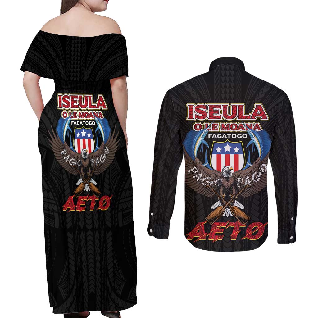 American Samoa Fautasi Couples Matching Off Shoulder Maxi Dress and Long Sleeve Button Shirt Pago Pago Aeto and Iseula o le Moana of Fagatogo Black Color LT03 - Polynesian Pride