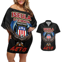 American Samoa Fautasi Couples Matching Off Shoulder Short Dress and Hawaiian Shirt Pago Pago Aeto and Iseula o le Moana of Fagatogo Black Color LT03 Black - Polynesian Pride