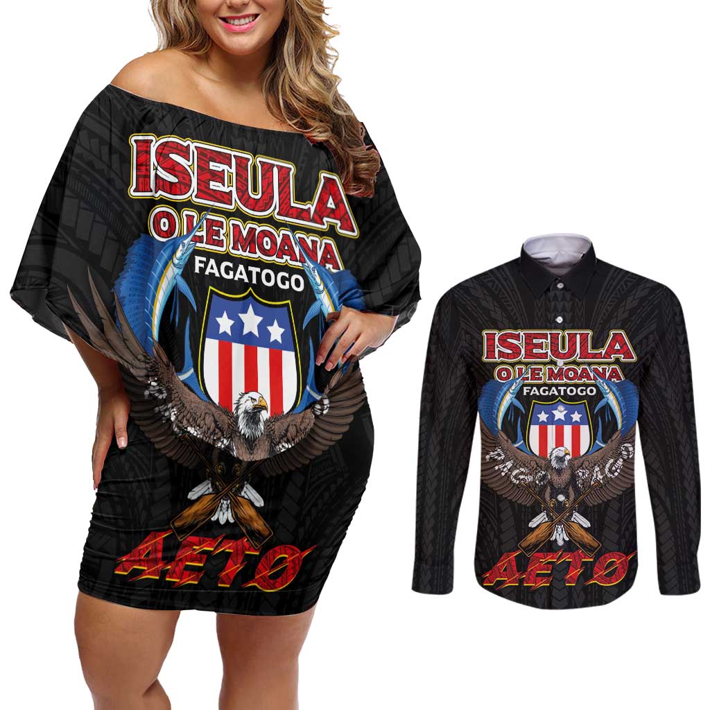 American Samoa Fautasi Couples Matching Off Shoulder Short Dress and Long Sleeve Button Shirt Pago Pago Aeto and Iseula o le Moana of Fagatogo Black Color LT03 Black - Polynesian Pride