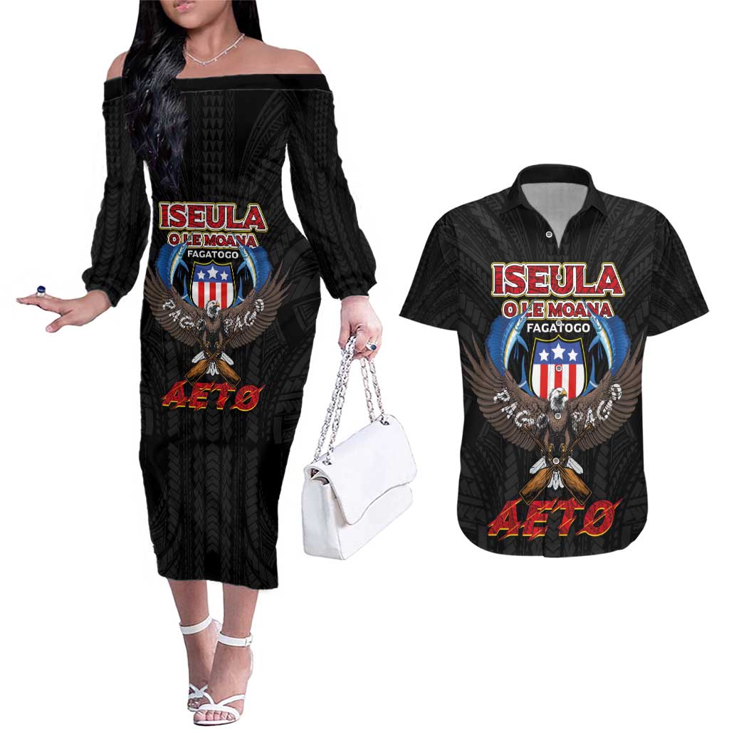 American Samoa Fautasi Couples Matching Off The Shoulder Long Sleeve Dress and Hawaiian Shirt Pago Pago Aeto and Iseula o le Moana of Fagatogo Black Color LT03 Black - Polynesian Pride