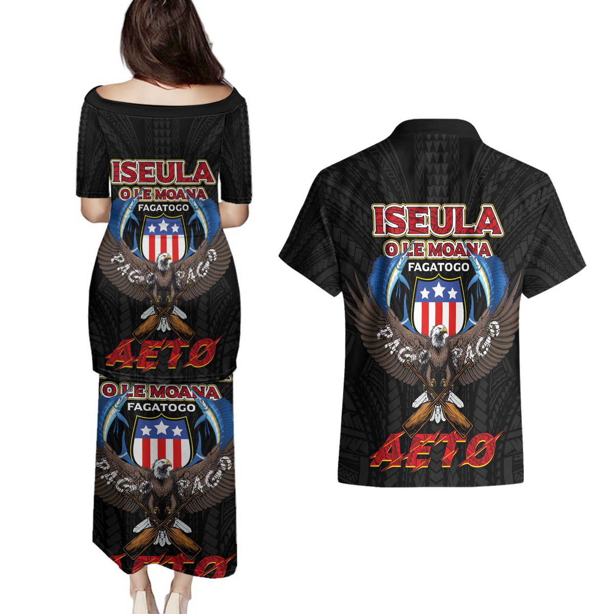 American Samoa Fautasi Couples Matching Puletasi and Hawaiian Shirt Pago Pago Aeto and Iseula o le Moana of Fagatogo Black Color LT03 - Polynesian Pride