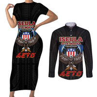 American Samoa Fautasi Couples Matching Short Sleeve Bodycon Dress and Long Sleeve Button Shirt Pago Pago Aeto and Iseula o le Moana of Fagatogo Black Color LT03 Black - Polynesian Pride