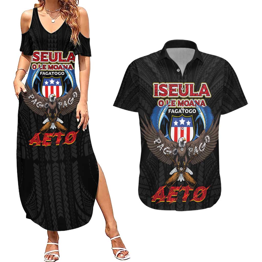 American Samoa Fautasi Couples Matching Summer Maxi Dress and Hawaiian Shirt Pago Pago Aeto and Iseula o le Moana of Fagatogo Black Color LT03 Black - Polynesian Pride