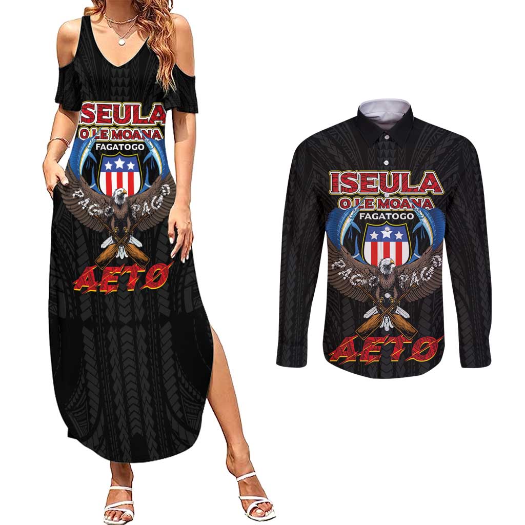 American Samoa Fautasi Couples Matching Summer Maxi Dress and Long Sleeve Button Shirt Pago Pago Aeto and Iseula o le Moana of Fagatogo Black Color LT03 Black - Polynesian Pride
