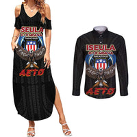 American Samoa Fautasi Couples Matching Summer Maxi Dress and Long Sleeve Button Shirt Pago Pago Aeto and Iseula o le Moana of Fagatogo Black Color LT03 Black - Polynesian Pride