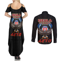 American Samoa Fautasi Couples Matching Summer Maxi Dress and Long Sleeve Button Shirt Pago Pago Aeto and Iseula o le Moana of Fagatogo Black Color LT03 - Polynesian Pride
