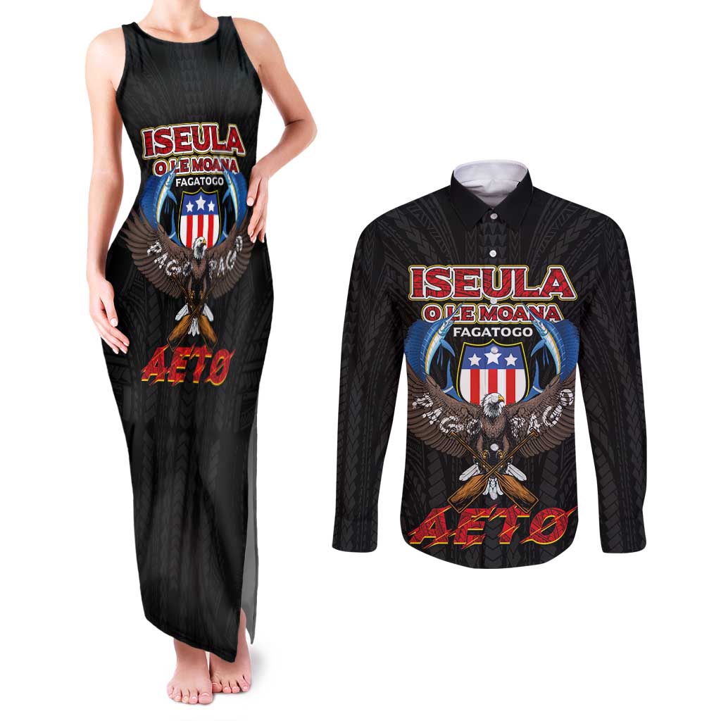 American Samoa Fautasi Couples Matching Tank Maxi Dress and Long Sleeve Button Shirt Pago Pago Aeto and Iseula o le Moana of Fagatogo Black Color - Polynesian Pride