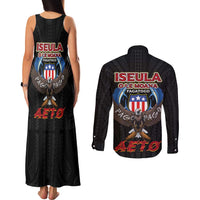 American Samoa Fautasi Couples Matching Tank Maxi Dress and Long Sleeve Button Shirt Pago Pago Aeto and Iseula o le Moana of Fagatogo Black Color LT03 - Polynesian Pride