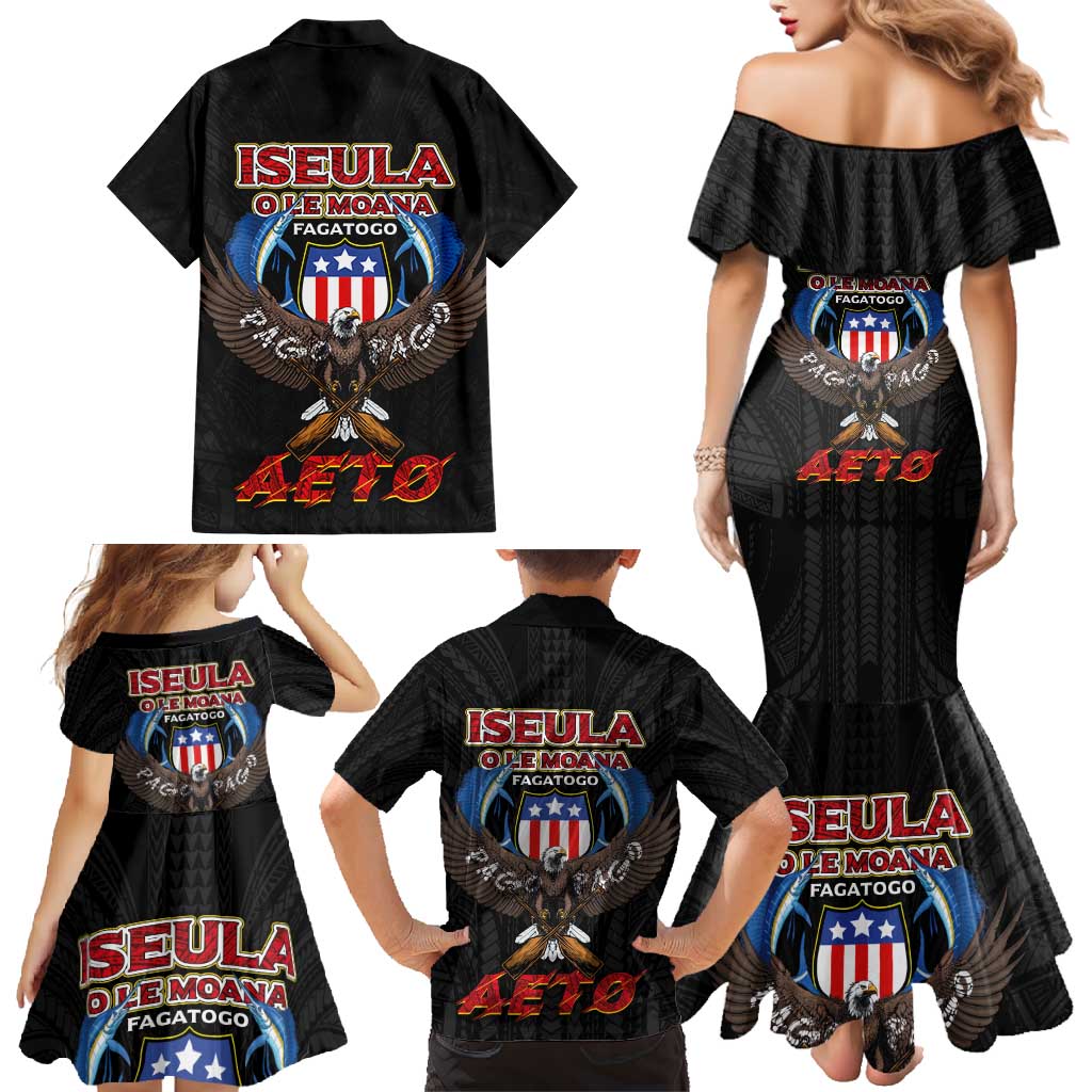 American Samoa Fautasi Family Matching Mermaid Dress and Hawaiian Shirt Pago Pago Aeto and Iseula o le Moana of Fagatogo Black Color LT03 - Polynesian Pride