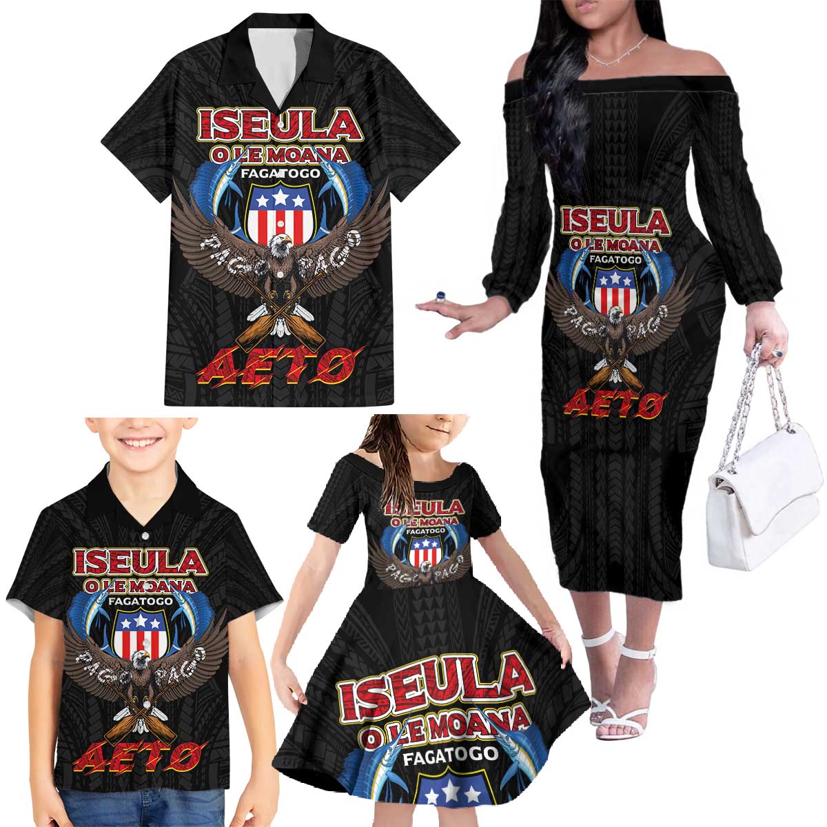 American Samoa Fautasi Family Matching Off The Shoulder Long Sleeve Dress and Hawaiian Shirt Pago Pago Aeto and Iseula o le Moana of Fagatogo Black Color LT03 - Polynesian Pride