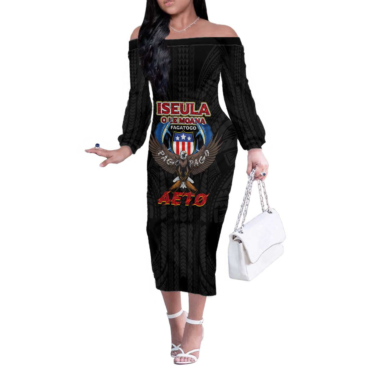 American Samoa Fautasi Family Matching Off The Shoulder Long Sleeve Dress and Hawaiian Shirt Pago Pago Aeto and Iseula o le Moana of Fagatogo Black Color LT03 Mom's Dress Black - Polynesian Pride