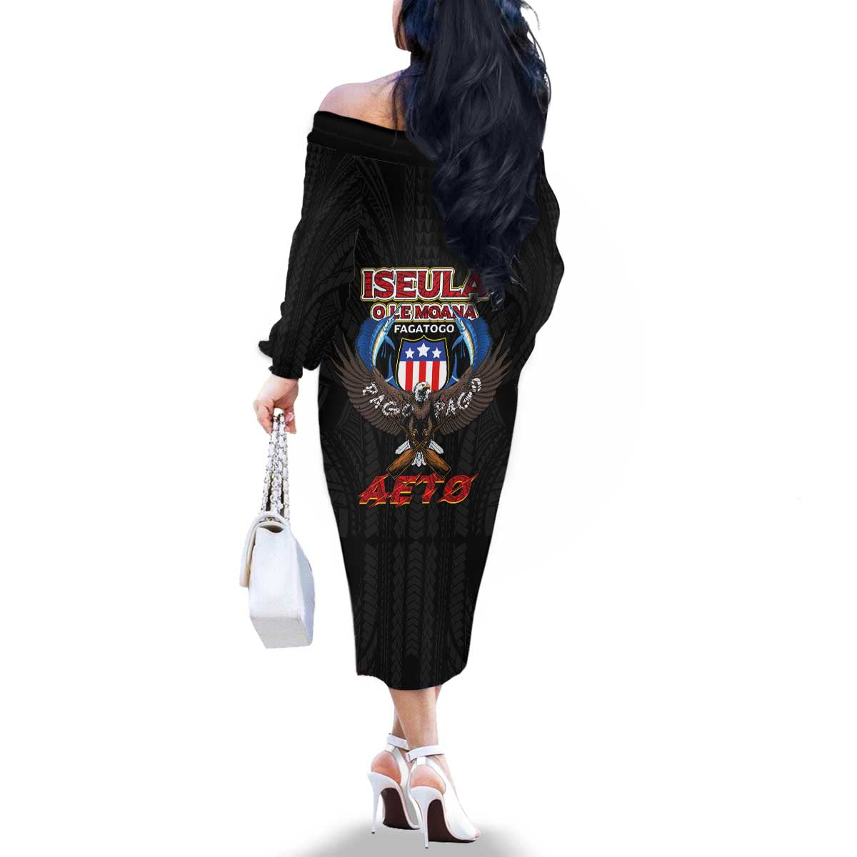 American Samoa Fautasi Family Matching Off The Shoulder Long Sleeve Dress and Hawaiian Shirt Pago Pago Aeto and Iseula o le Moana of Fagatogo Black Color LT03 - Polynesian Pride