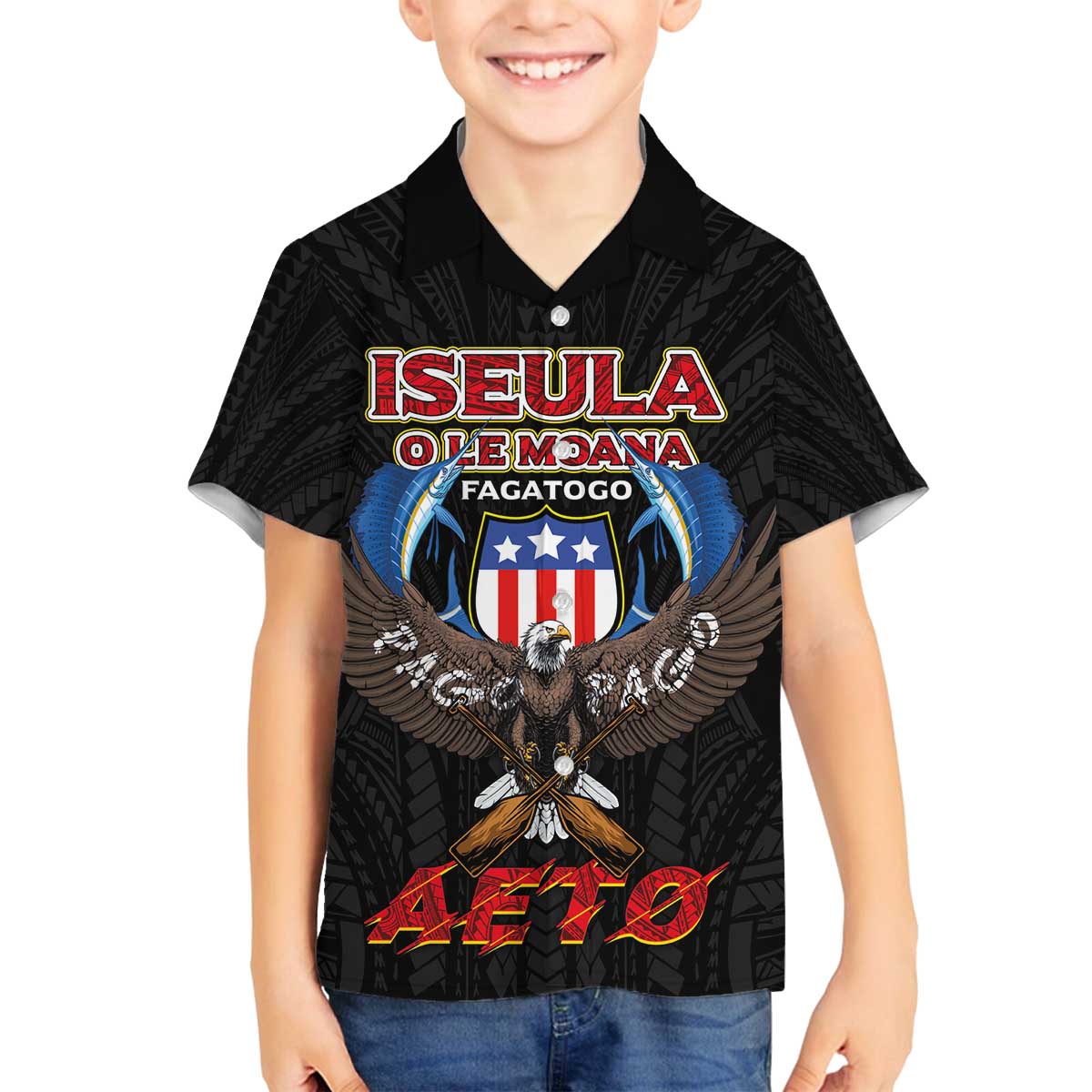 American Samoa Fautasi Family Matching Off The Shoulder Long Sleeve Dress and Hawaiian Shirt Pago Pago Aeto and Iseula o le Moana of Fagatogo Black Color LT03 Son's Shirt Black - Polynesian Pride