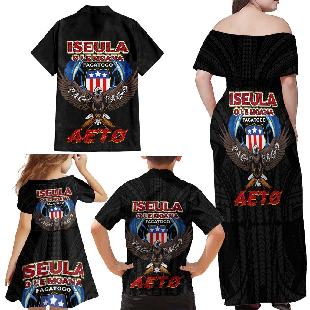 American Samoa Fautasi Family Matching Off Shoulder Maxi Dress and Hawaiian Shirt Pago Pago Aeto and Iseula o le Moana of Fagatogo Black Color LT03 - Polynesian Pride